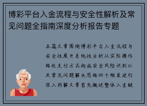 博彩平台入金流程与安全性解析及常见问题全指南深度分析报告专题